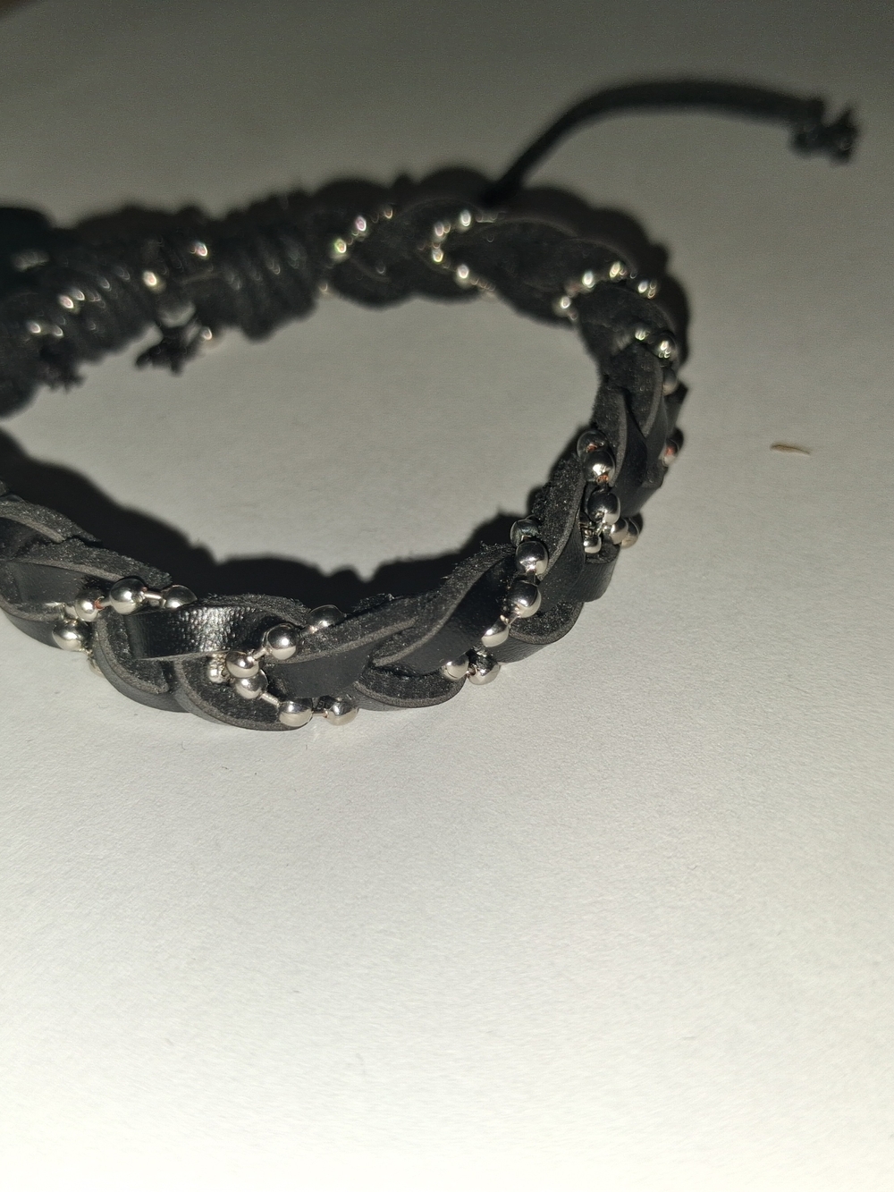 Mens Black Braided Leather Bracelet with Silver Beads